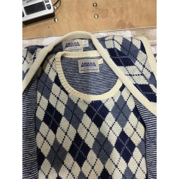Amana Woolen Mills Blue Argyle Sweater Vest and Cardigan Set Mens Large Vintage